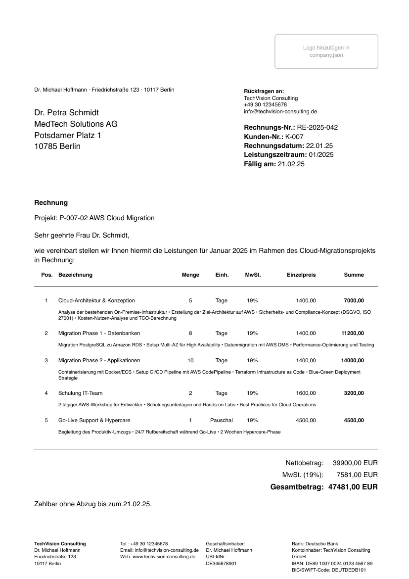 Erste Seite einer Rechnung mit Absender, Empfänger, Positionstabelle und Summen; oben rechts ein Platzhalter für das Logo