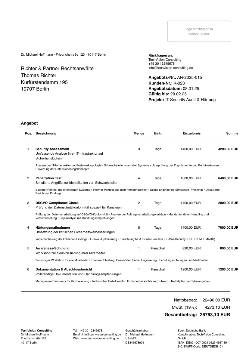 Angebot mit Briefkopf, Empfängeradresse, Positionstabelle und Summen