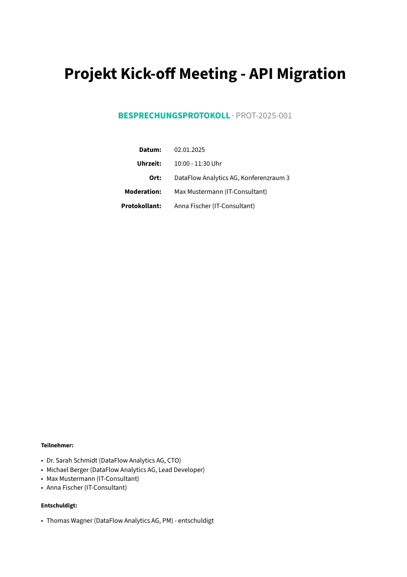 Titelseite eines Besprechungsprotokolls mit Datum, Ort, Moderation, Teilnehmenden und Entschuldigten